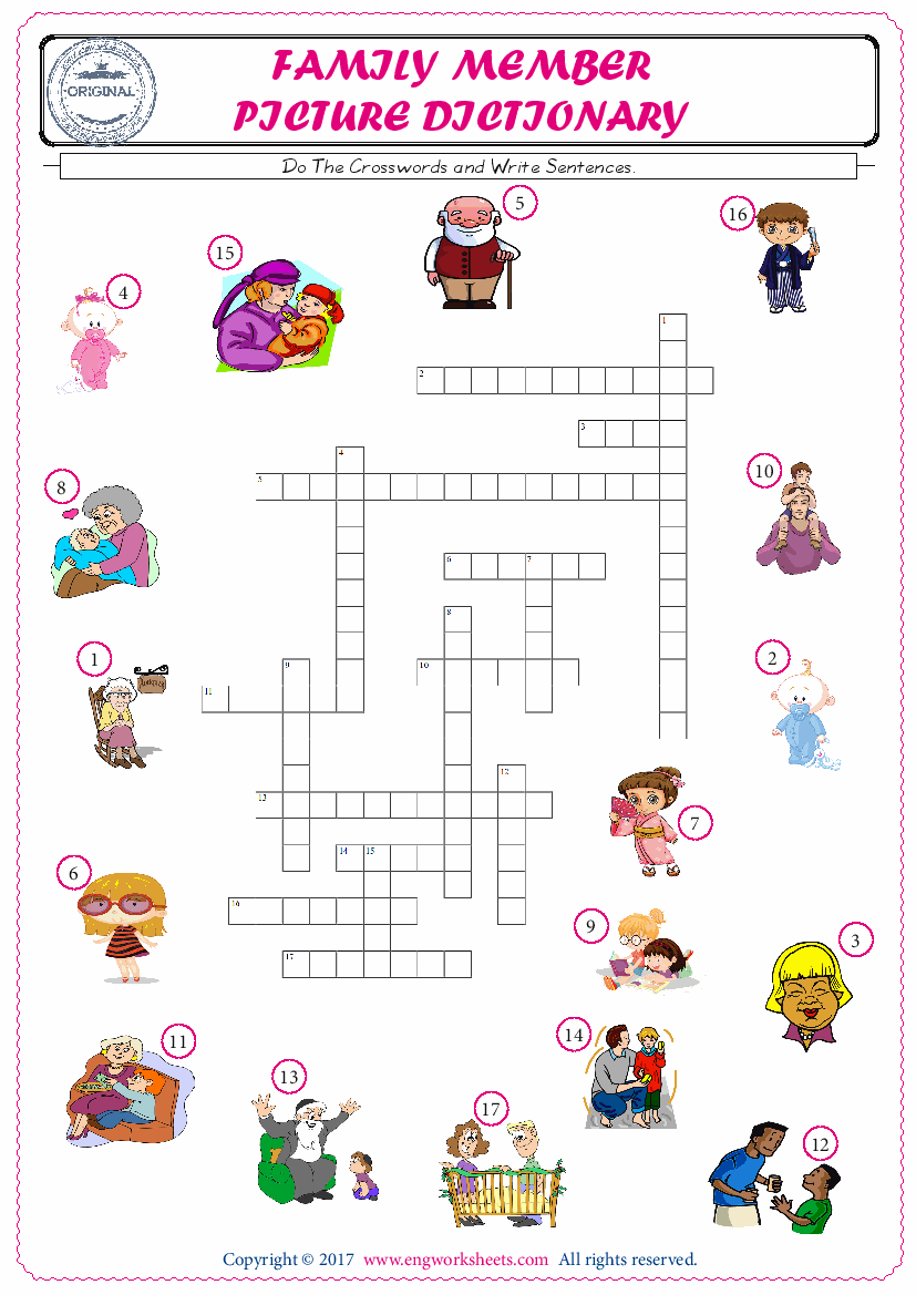  ESL printable worksheet for kids, supply the missing words of the crossword by using the Family Member picture. 